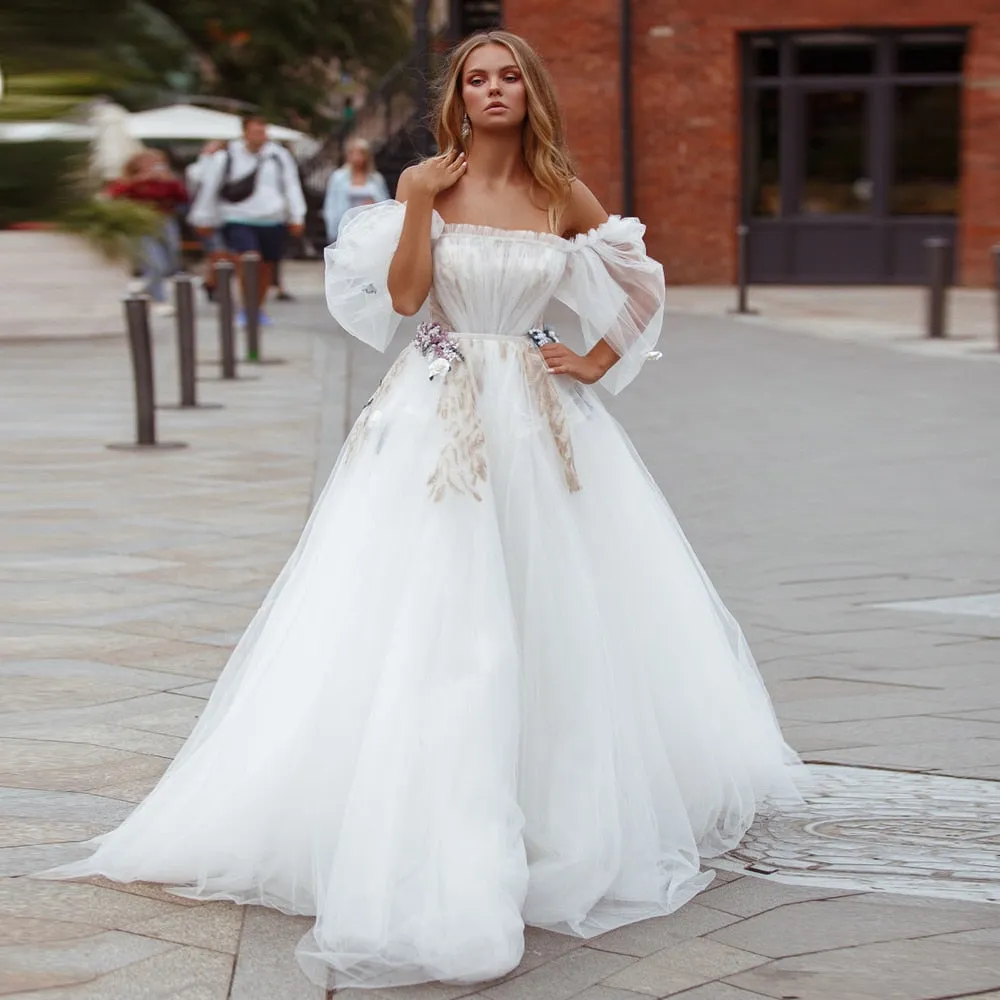 Stunning White Bridal Dresses Unique Boat Neck Short Puff Sleeves